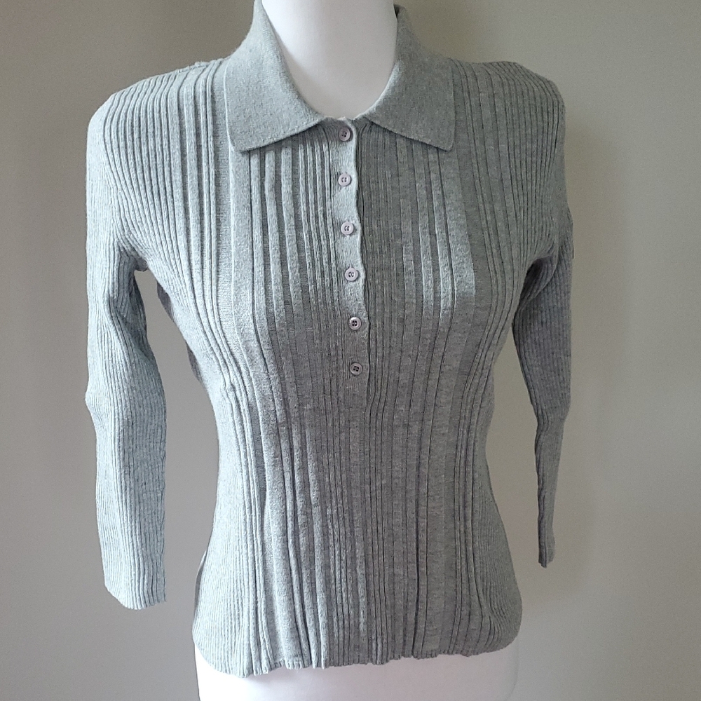 DKNY Gray Ribbed Knit Collared Sweater
